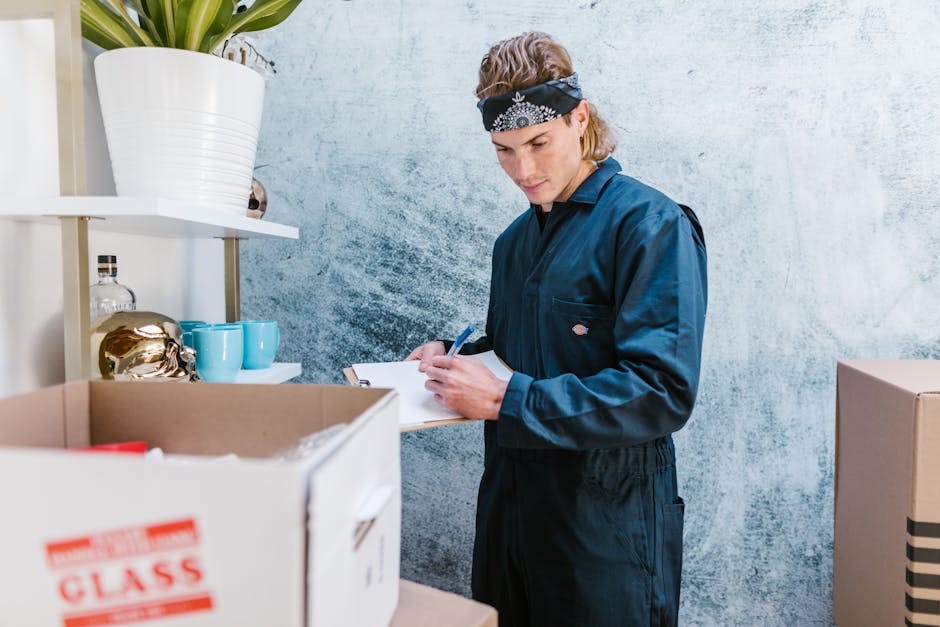 A young male mover with light brown hair, wearing a black bandana and navy blue work jumpsuit, is inside a home near a white wall with a shelf. He is standing next to cardboard boxes, some of which are open, revealing packing materials like bubble wrap and plastic wrap. The mover is holding a clipboard and pen, appearing to record inventory or details about the items being packed for a house relocation. On the shelf behind him are decorative items, including a white ceramic vase with a plant, several turquoise cups, and a gold-colored decorative object. The scene captures the preparation phase of packing and organizing furniture and belongings before loading them onto a van, reflecting the careful planning required for household removals handled by Man with Van Hook. The natural lighting highlights the focused environment typical of home moving and packing processes, relevant to the service discussed in the page about hidden fees and quoting checklists for removals.