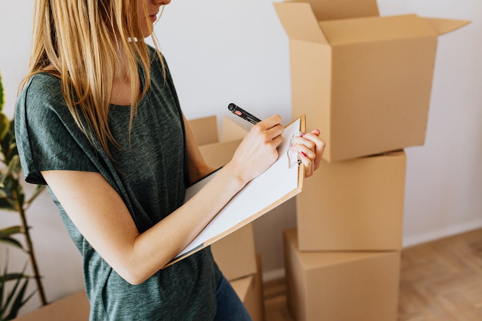 A woman with long blonde hair wearing a dark green short-sleeved top is inside a home, standing near moving boxes made of brown cardboard, some of which are stacked on the floor. She is holding a black marker in her right hand and a small clipboard or notepad in her left hand, writing on it. The boxes are of various sizes, with one open box in the background showing packing materials, and another box on the floor beside her. The setting appears to be a room prepared for home relocation, with natural lighting illuminating the space. This scene illustrates the packing and moving process, with attention to detail in organizing and labeling household belongings, supported by professional removals services such as those offered by Man with Van Hook, which specialise in furniture transport and home moving logistics.