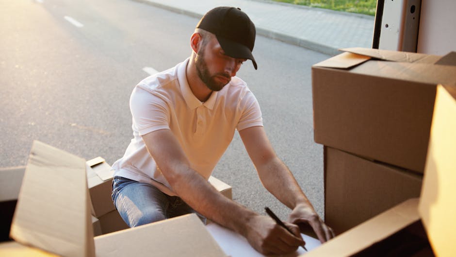 A young male mover with light brown hair, wearing a black bandana and navy blue work jumpsuit, is inside a home near a white wall with a shelf. He is standing next to cardboard boxes, some of which are open, revealing packing materials like bubble wrap and plastic wrap. The mover is holding a clipboard and pen, appearing to record inventory or details about the items being packed for a house relocation. On the shelf behind him are decorative items, including a white ceramic vase with a plant, several turquoise cups, and a gold-colored decorative object. The scene captures the preparation phase of packing and organizing furniture and belongings before loading them onto a van, reflecting the careful planning required for household removals handled by Man with Van Hook. The natural lighting highlights the focused environment typical of home moving and packing processes, relevant to the service discussed in the page about hidden fees and quoting checklists for removals.