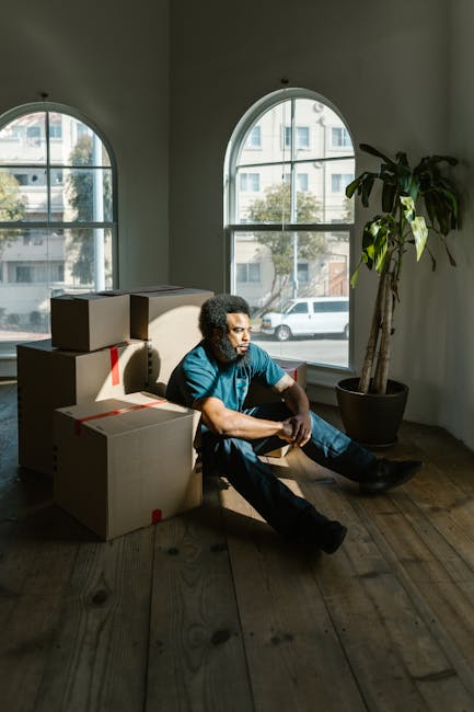 A man with curly hair and medium skin tone, wearing a blue T-shirt and dark trousers, is sitting on a wooden floor inside a room with large arched windows that let in natural daylight. He appears to be taking a break during a home relocation or furniture transport process, with several cardboard boxes of varying sizes stacked and arranged around him, some sealed with red packing tape. The boxes are situated on the floor beside him, and he is resting with his arms crossed, looking slightly to the side. In the background, outside the windows, a street with parked cars and modern apartment buildings is visible. To the right of the man, there is a tall, potted plant with broad green leaves, adding indoor greenery to the space. The scene captures an interior setting during a house removal, with natural light illuminating the room, and the presence of packing materials indicating a moving or packing process, possibly coordinated by Man with Van Hook as part of their removals service.
